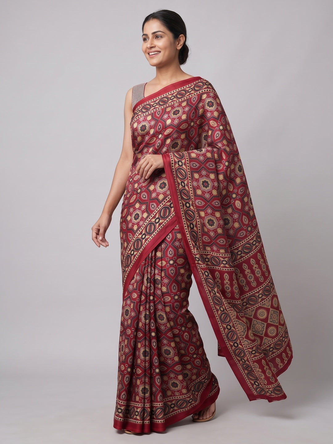 Modern Style Maroon Ajrakh Printed Crepe Silk Saree for Elegant Party Occasions - Image 4