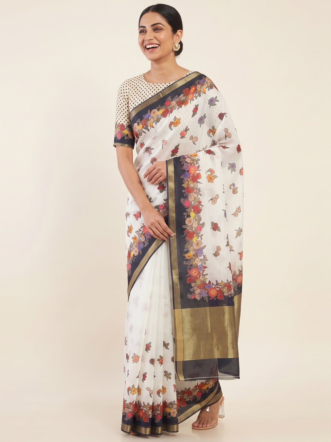 White Floral Digital Print Chanderi Cotton Saree Enhanced With Charming Zari Weaving Border - Image 4