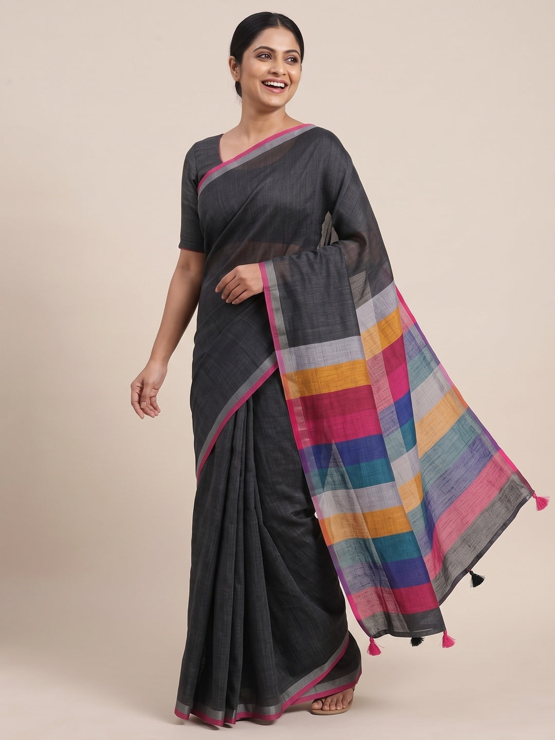 Multicolor Soft Linen Saree with Artistic Print - Image 4