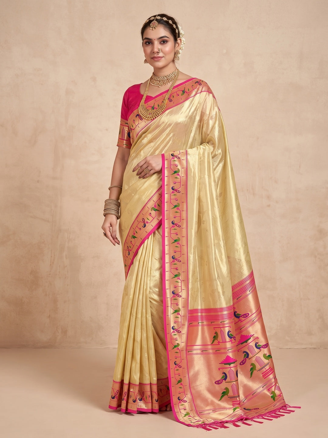 Beige Woven Tissue Paithani Saree With Tassels - Image 2