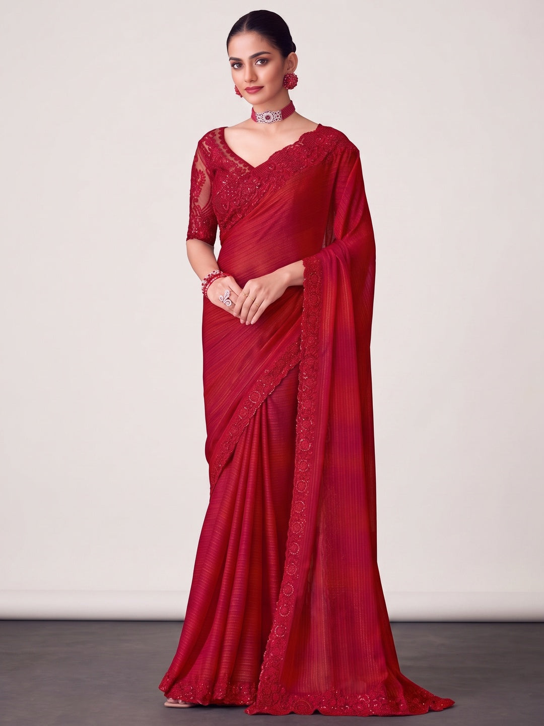 Red Sequins Embroidered Satin Saree - Image 1