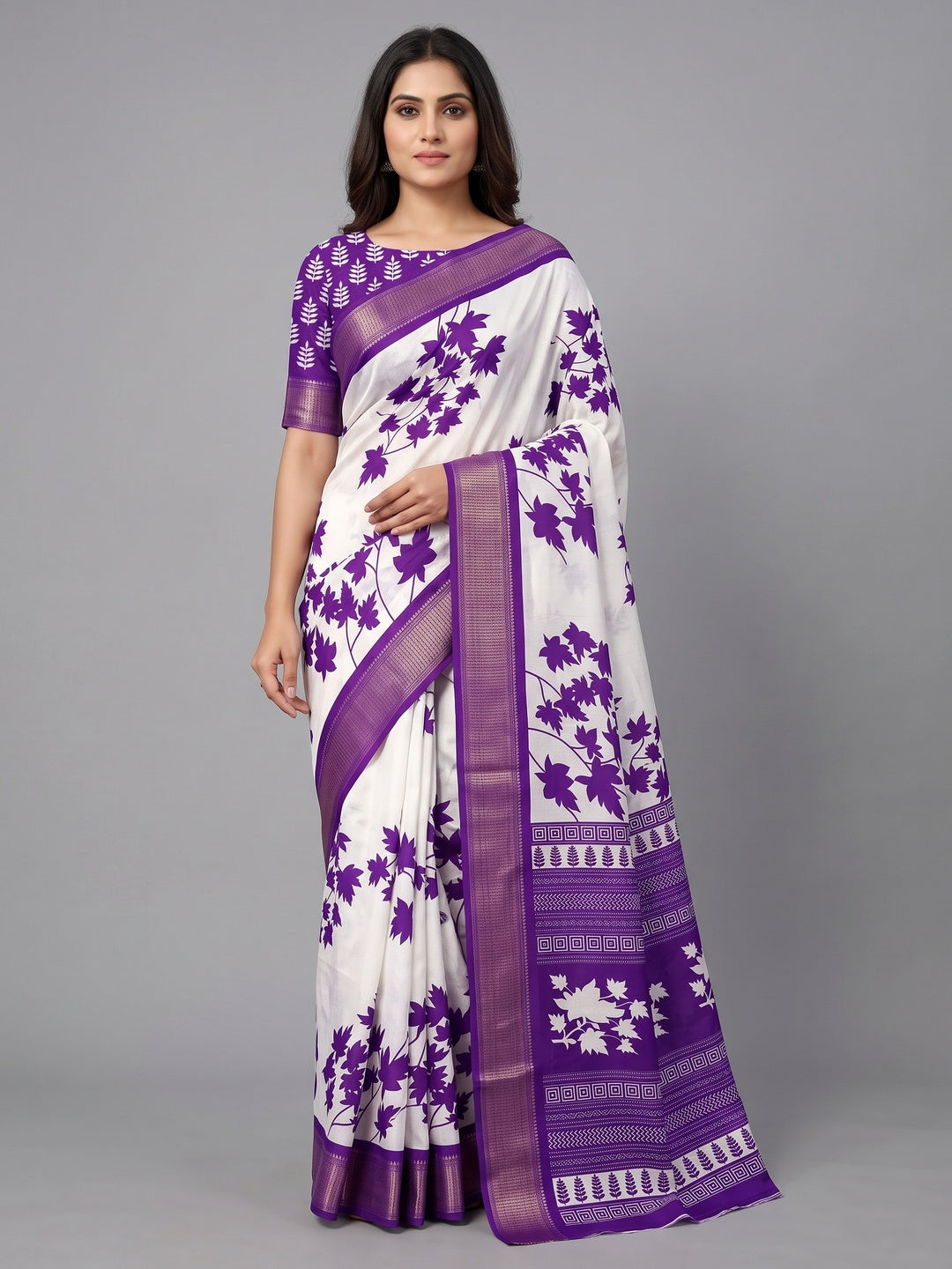 White & Purple Floral Printed Dola Silk Saree With Woven Border - Image 1