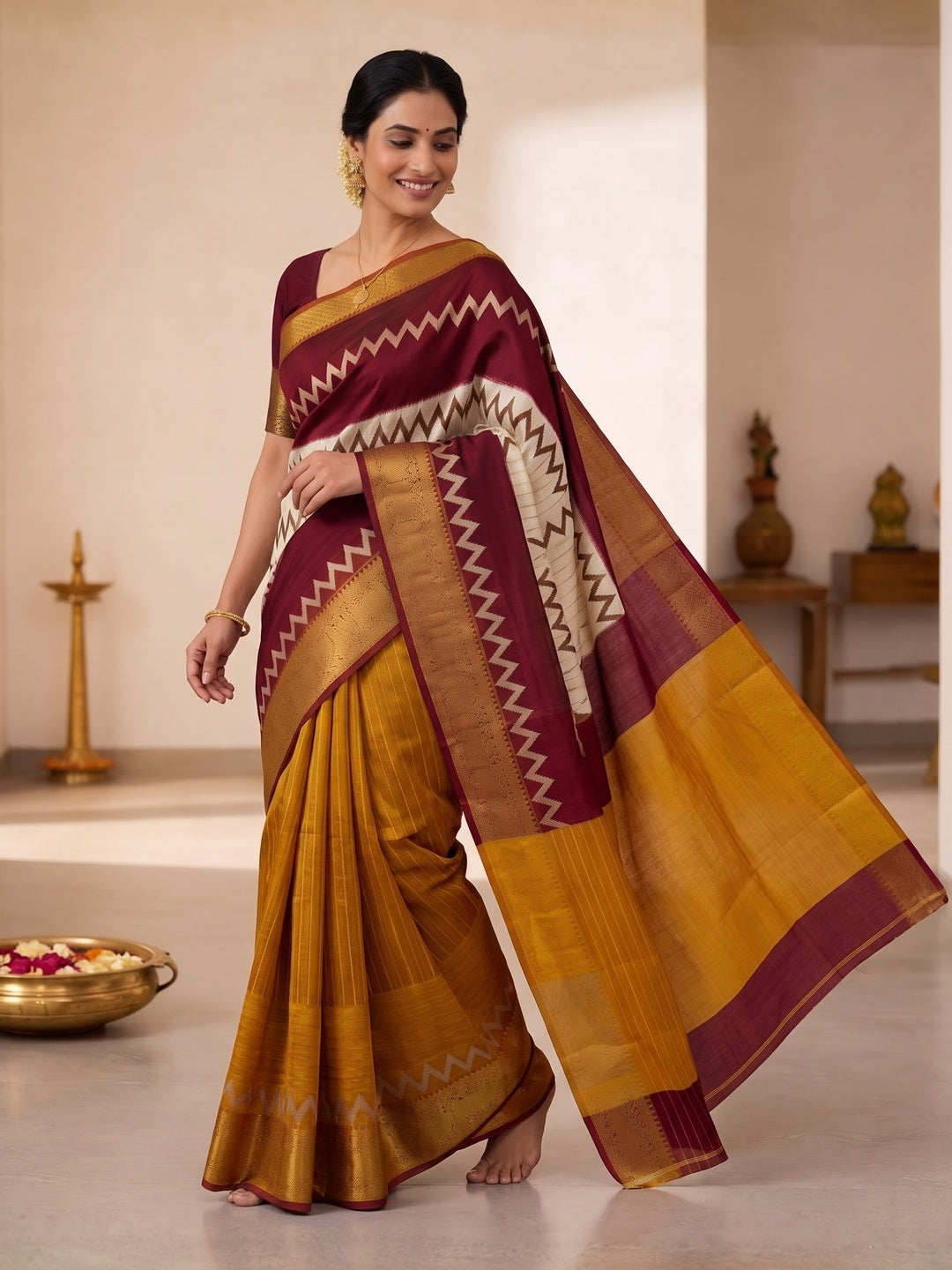 Elegant Red & Mustard Striped Weaving Georgette Saree Enhanced With Zig Zag Print Work - Image 4