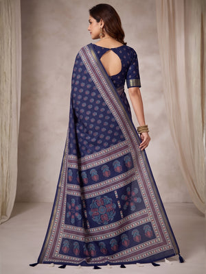 Navy Blue Mulmul Cotton Saree with Ajrakh Prints and Smooth Finish - Image 2