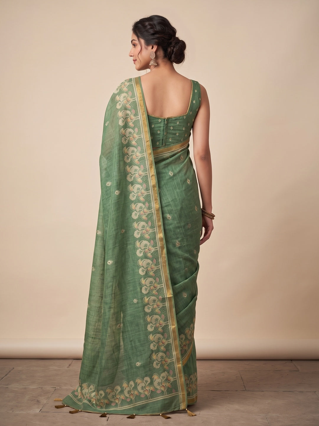 Elegant Green Linen Saree with Floral Border Print - Image 2