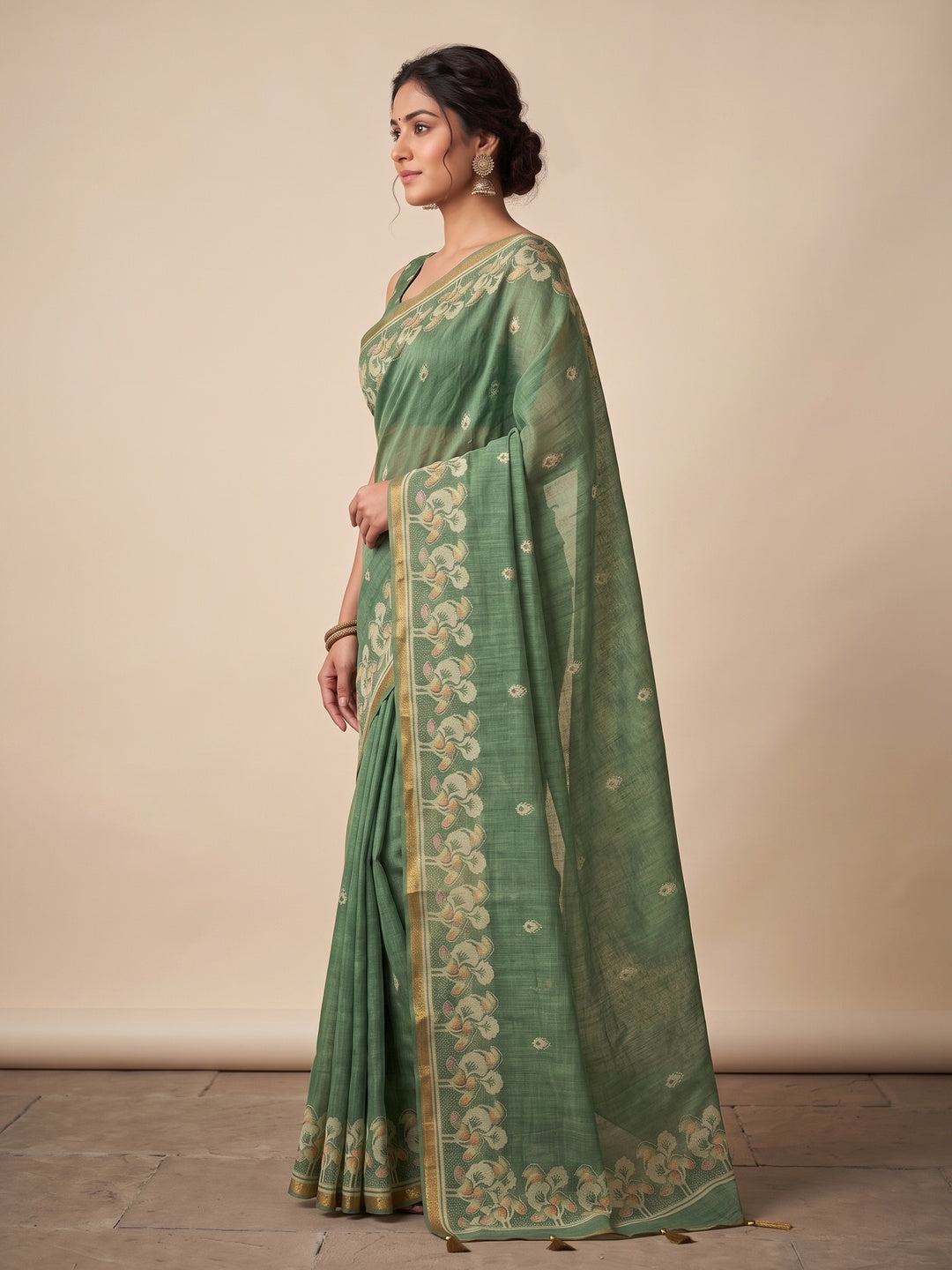Elegant Green Linen Saree with Floral Border Print - Image 3