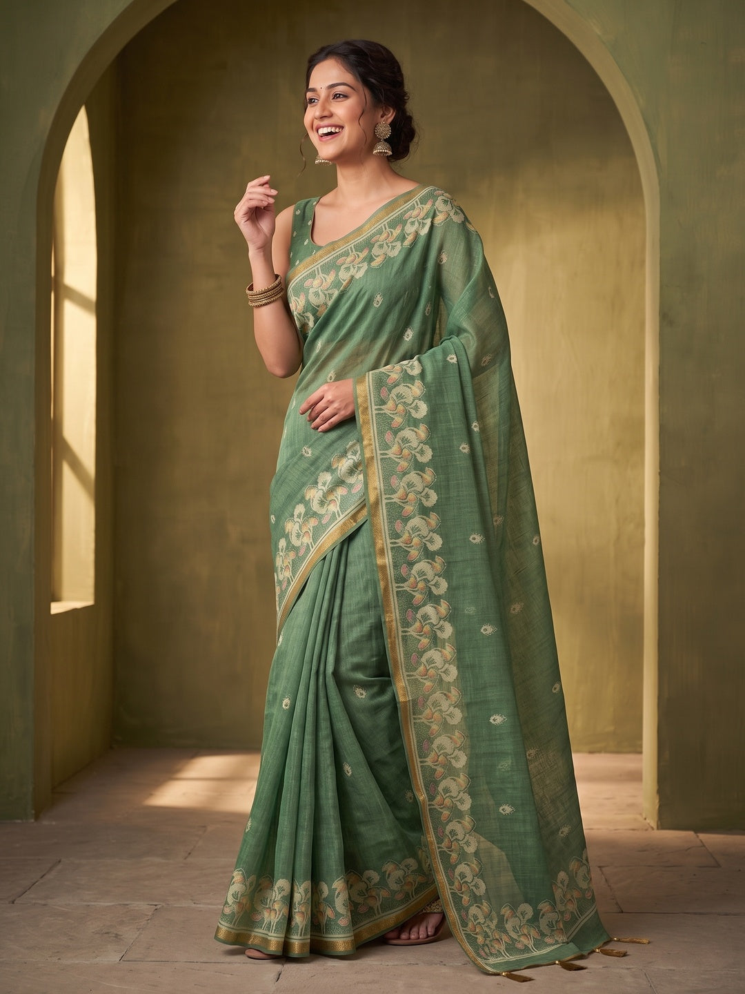 Elegant Green Linen Saree with Floral Border Print - Image 4