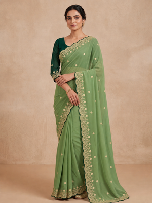 Peachmode Green Floral Embroidered Georgette Saree - Image 1