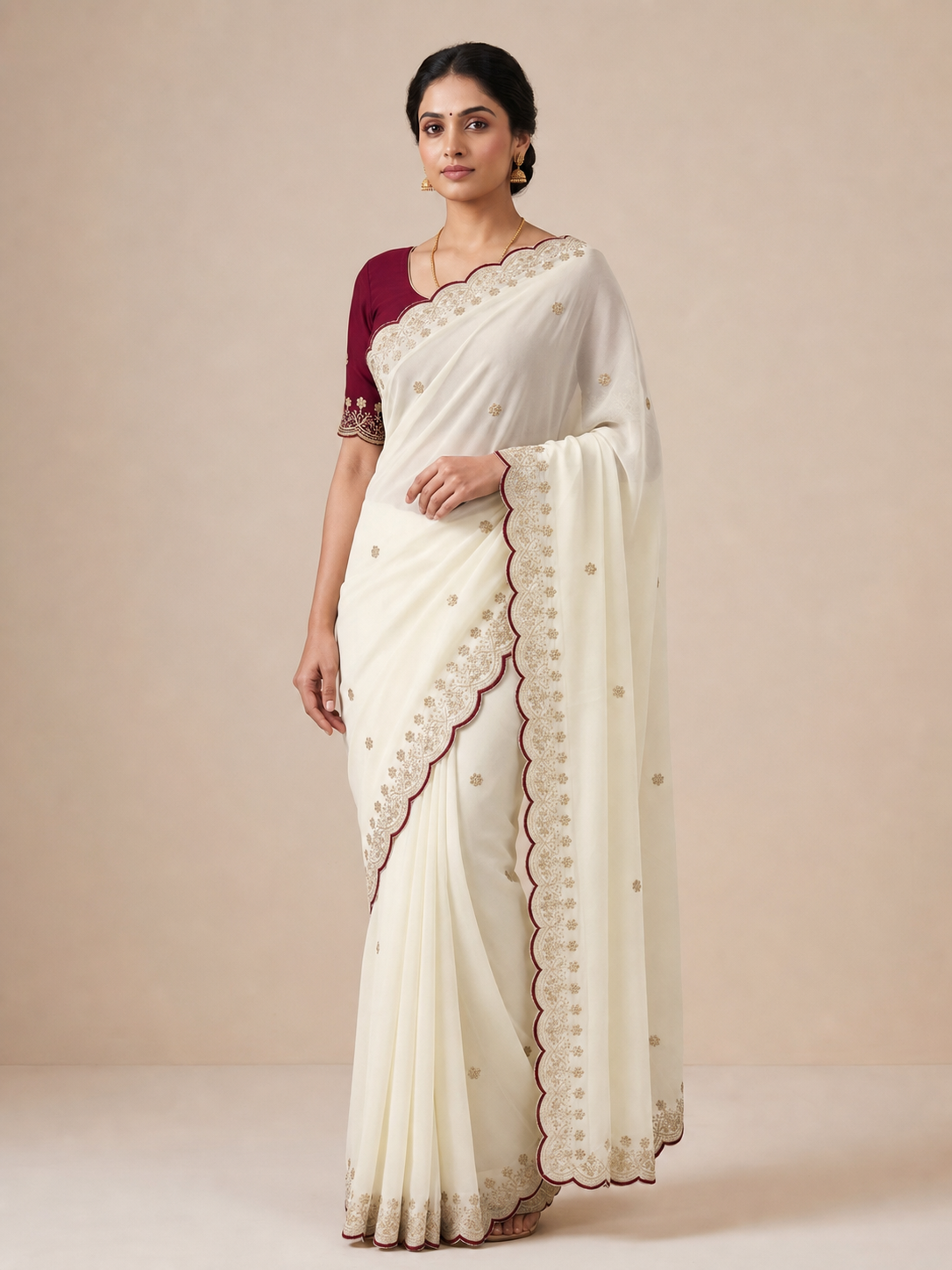 Peachmode White Floral Embroidered Georgette Saree - Image 1
