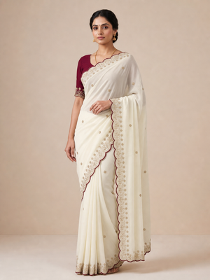 Peachmode White Floral Embroidered Georgette Saree - Image 1