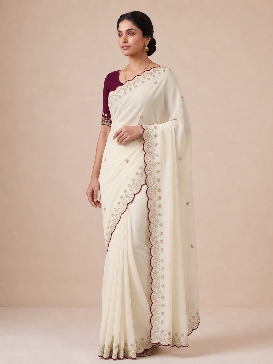 Peachmode White Floral Embroidered Georgette Saree - Image 5