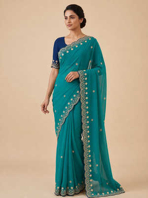Peachmode Teal Floral Embroidered Georgette Saree - Image 1