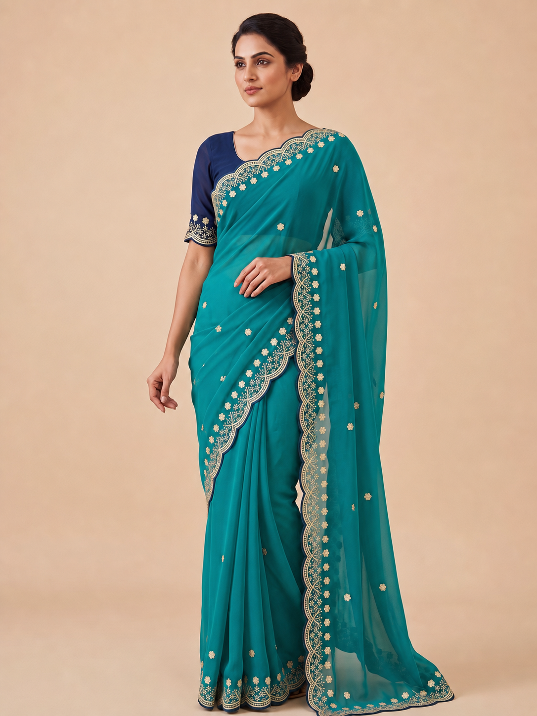 Peachmode Teal Floral Embroidered Georgette Saree - Image 5