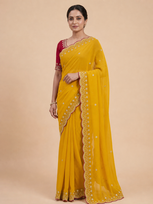 Peachmode Mustard Floral Embroidered Georgette Saree - Image 1