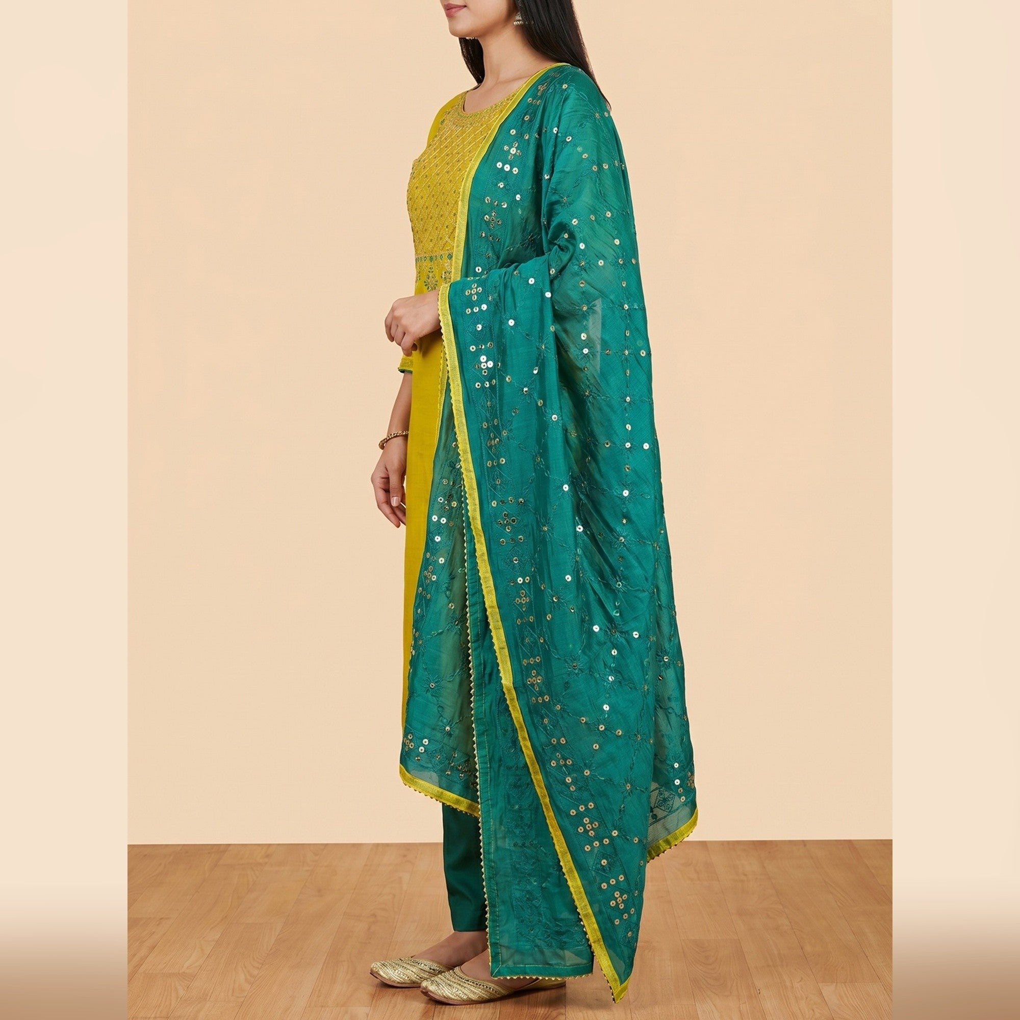 Green Floral Embroidered Modal Dress Material - Image 2