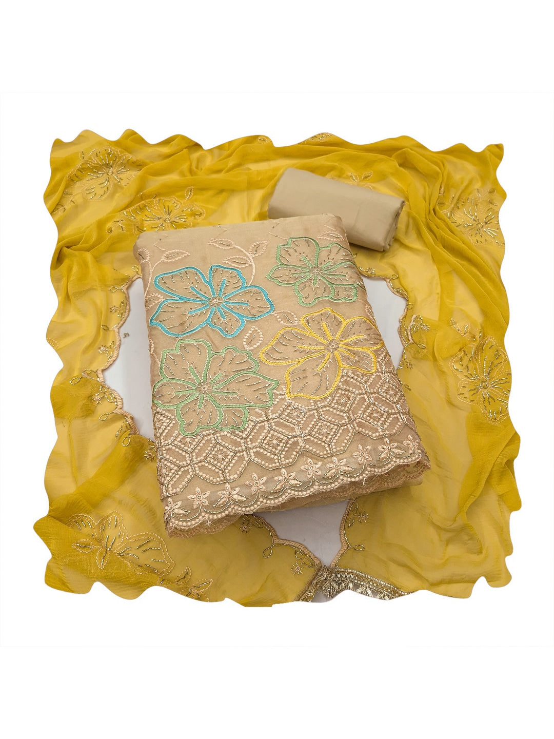 Peachmode Chikoo Yellow 11718 Unstitched Dress Material - Image 1