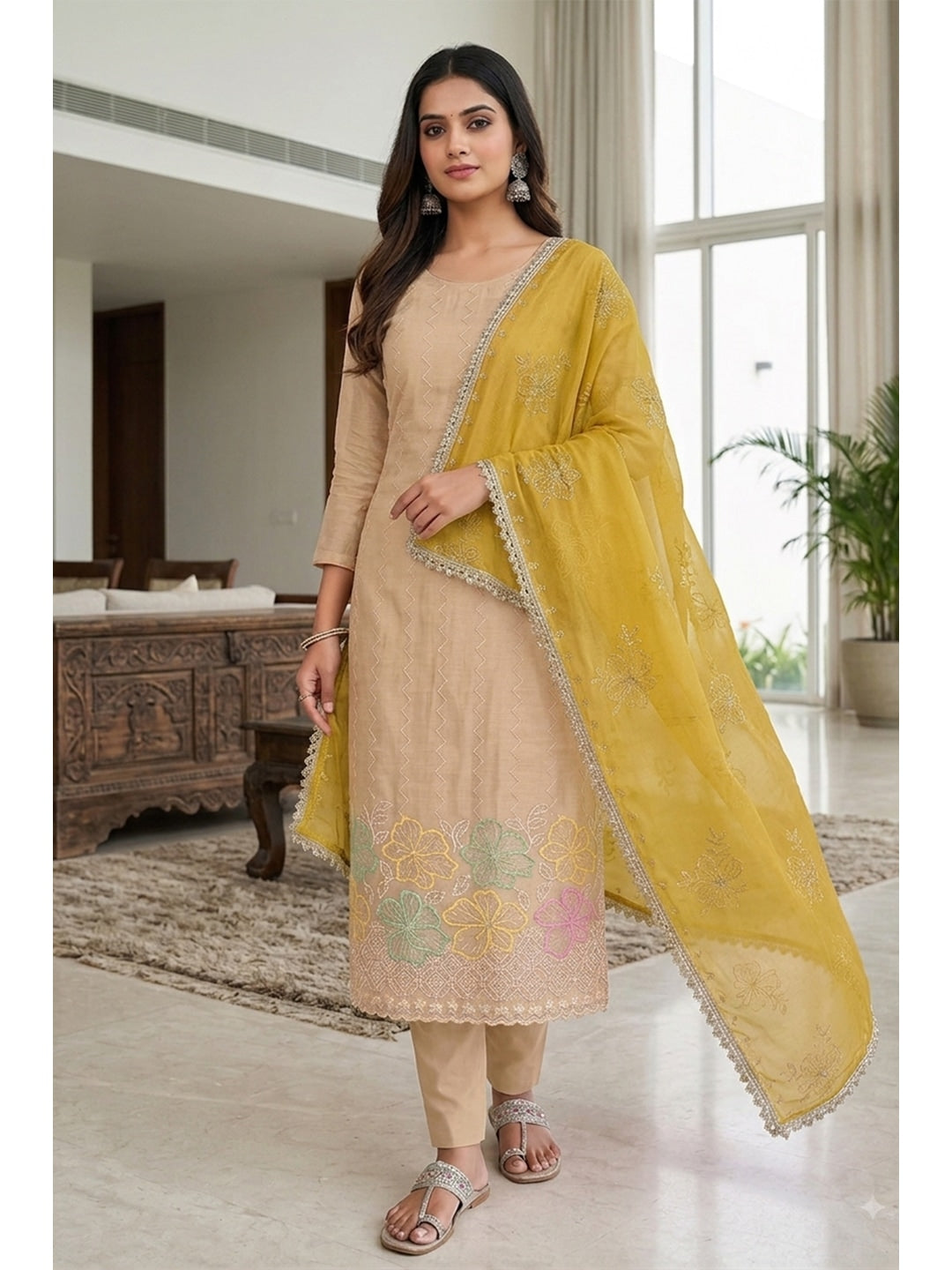 Peachmode Chikoo Yellow 11718 Unstitched Dress Material - Image 3