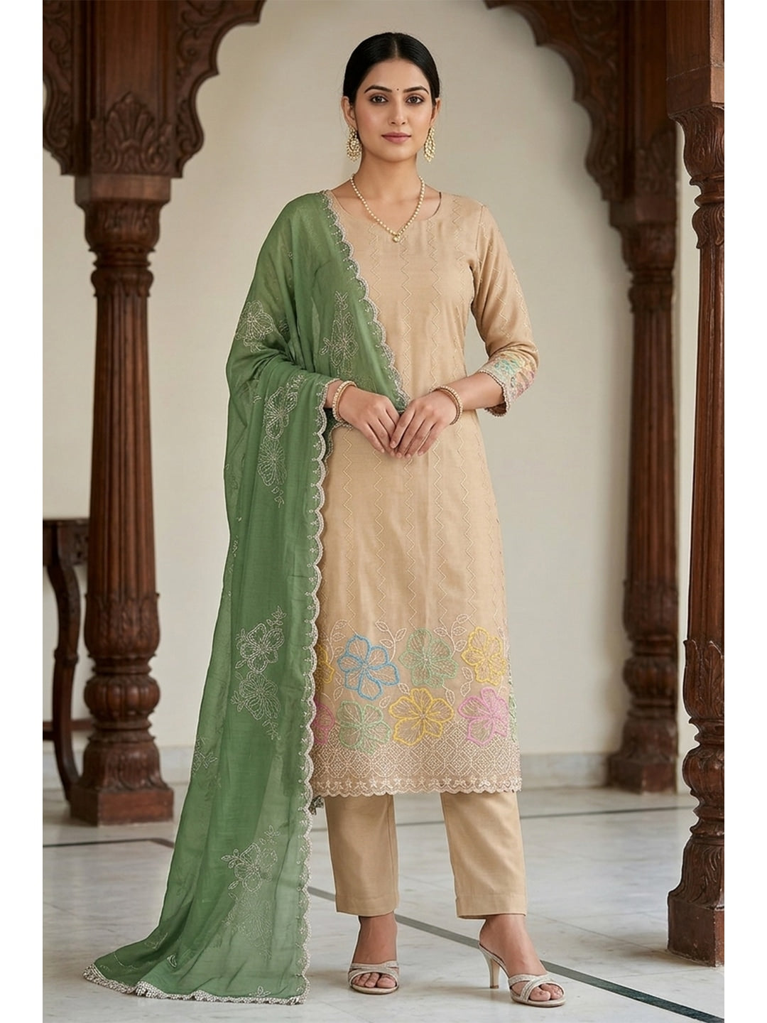 Peachmode Chikoo Green 11718 Unstitched Dress Material - Image 3