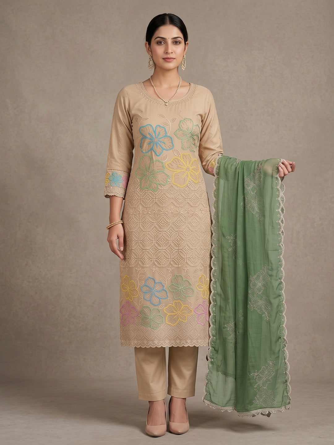Peachmode Chikoo Green 11718 Unstitched Dress Material - Image 2