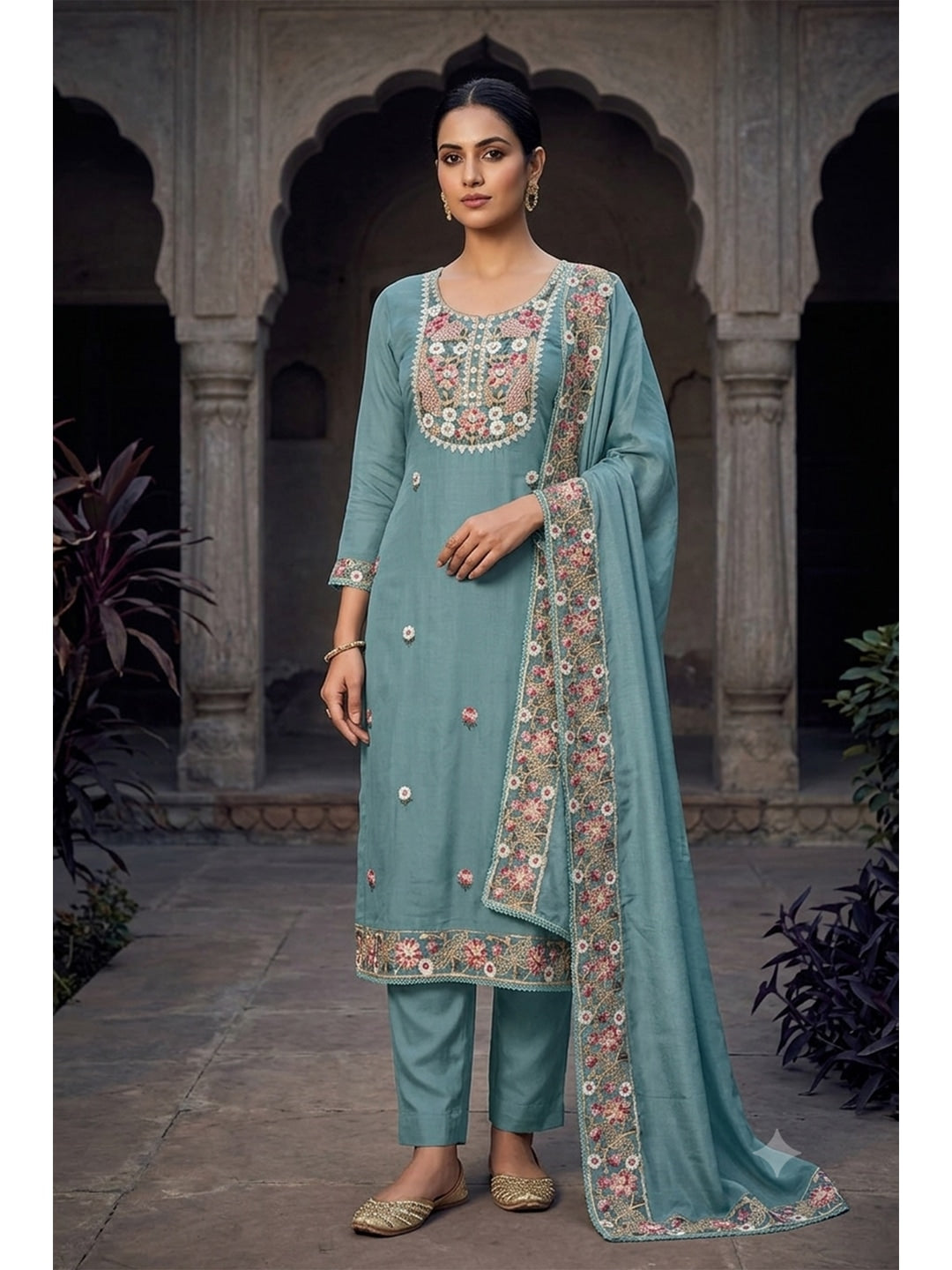 Peachmode Turquoise 11732 Unstitched Dress Material - Image 3