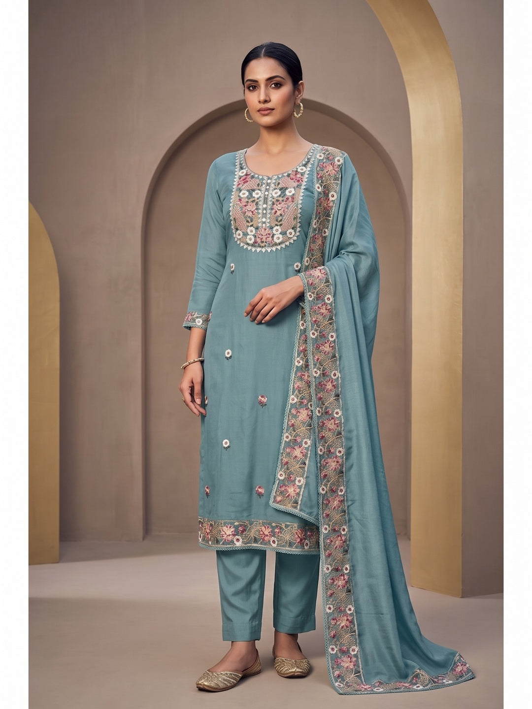 Peachmode Turquoise 11732 Unstitched Dress Material - Image 2