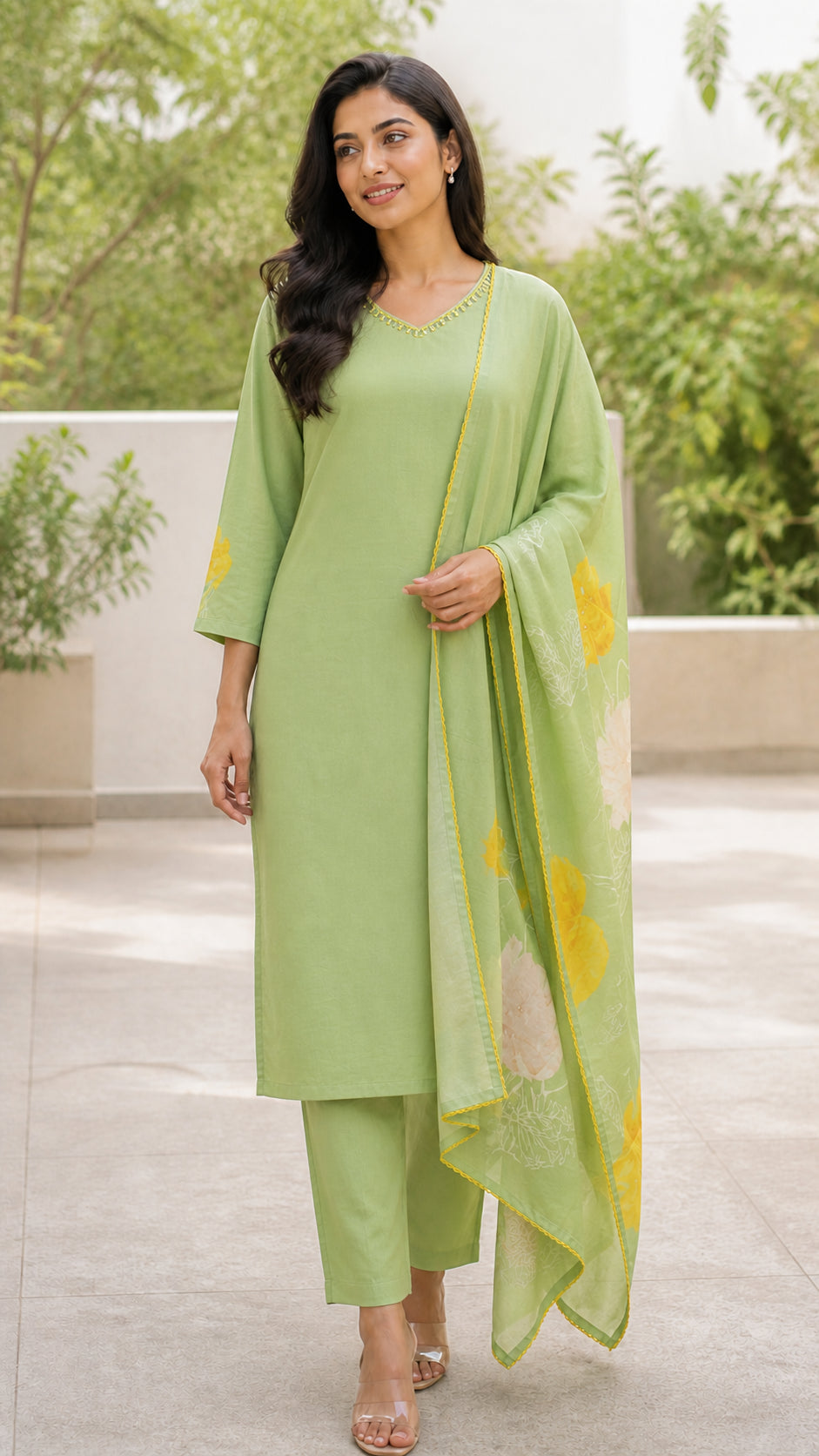 Peachmode Pista Green Muslin Blend Floral Printed Salwar Suit - Image 1