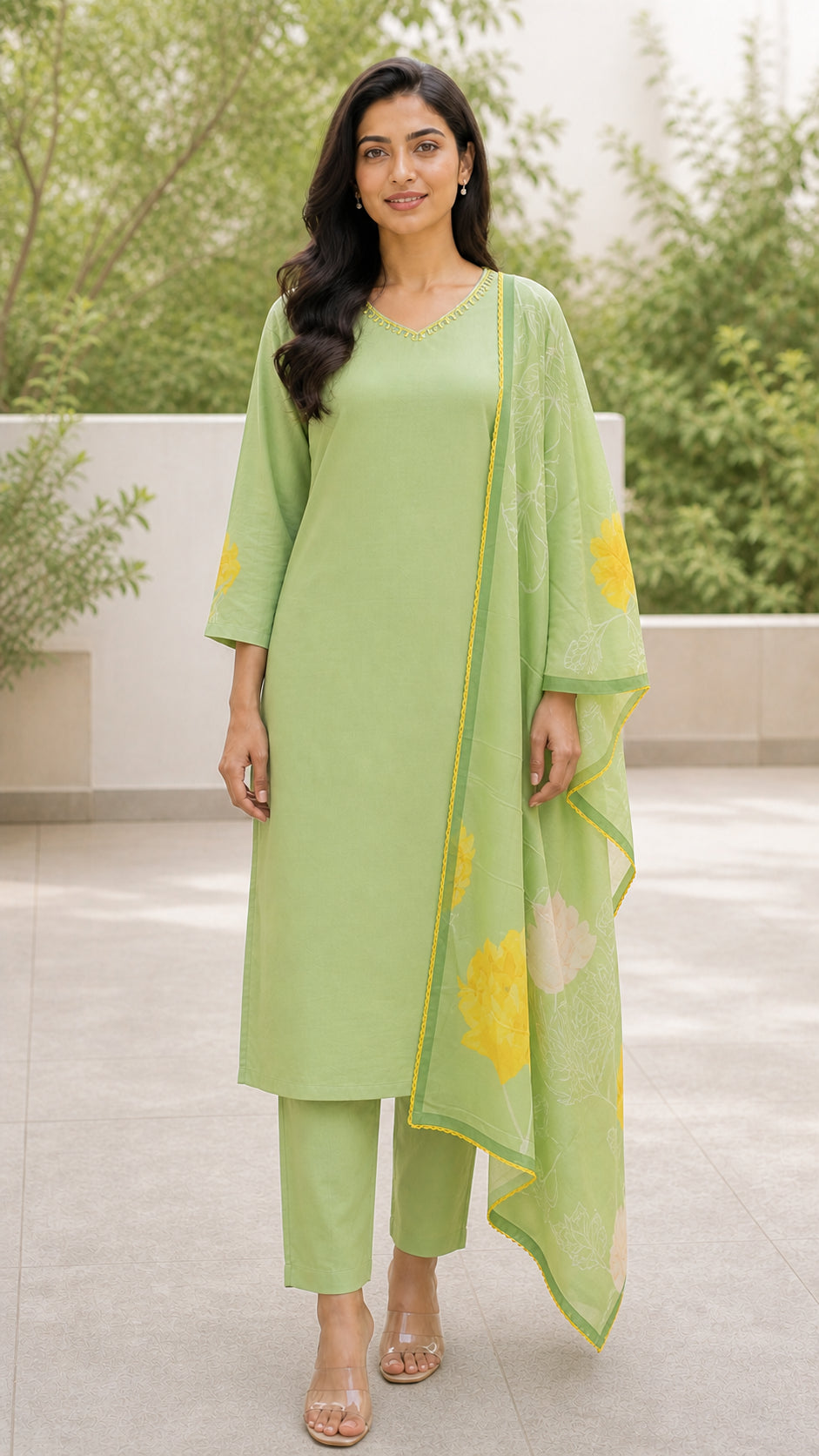 Peachmode Pista Green Muslin Blend Floral Printed Salwar Suit - Image 2