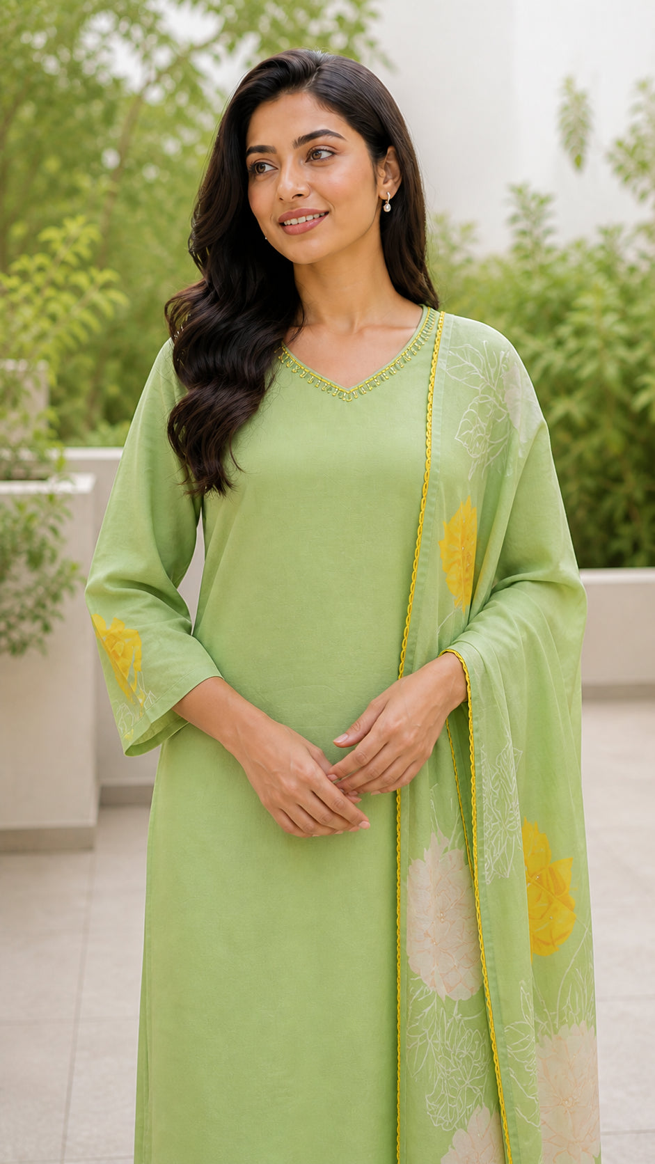 Peachmode Pista Green Muslin Blend Floral Printed Salwar Suit - Image 5