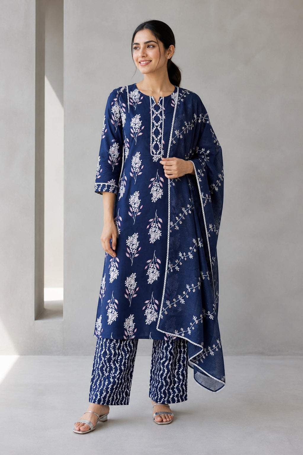 Peachmode Navy Blue Pure Cotton Floral Printed Salwar Suit - Image 1
