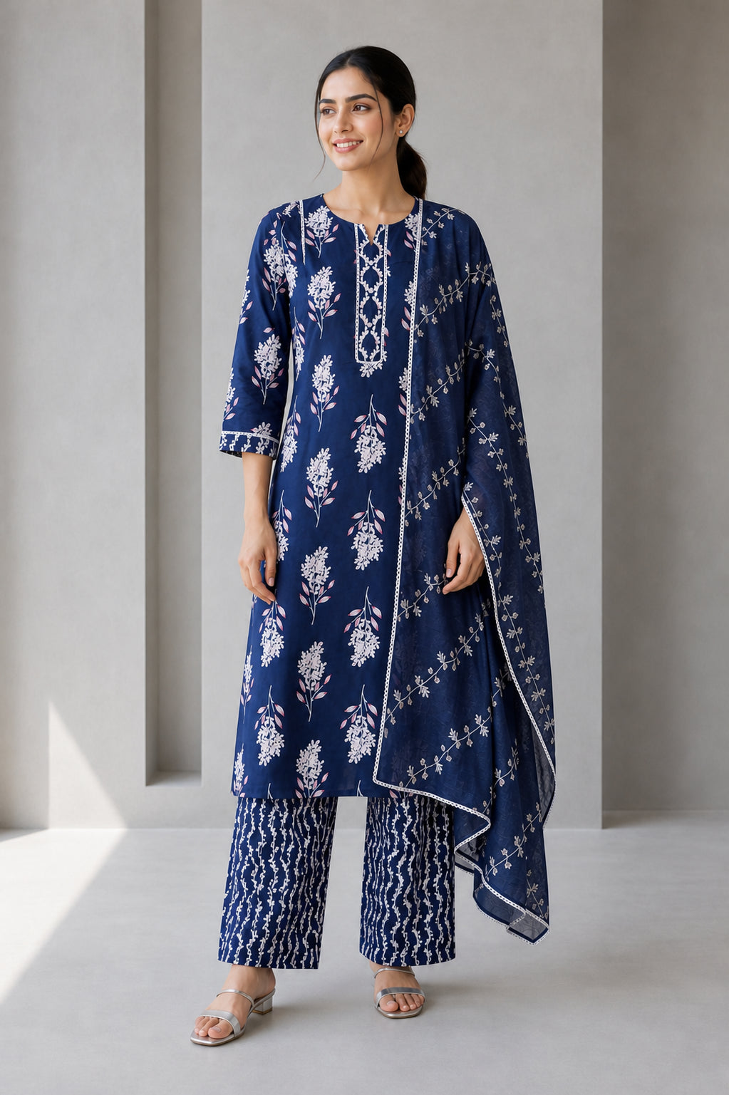 Peachmode Navy Blue Pure Cotton Floral Printed Salwar Suit - Image 2