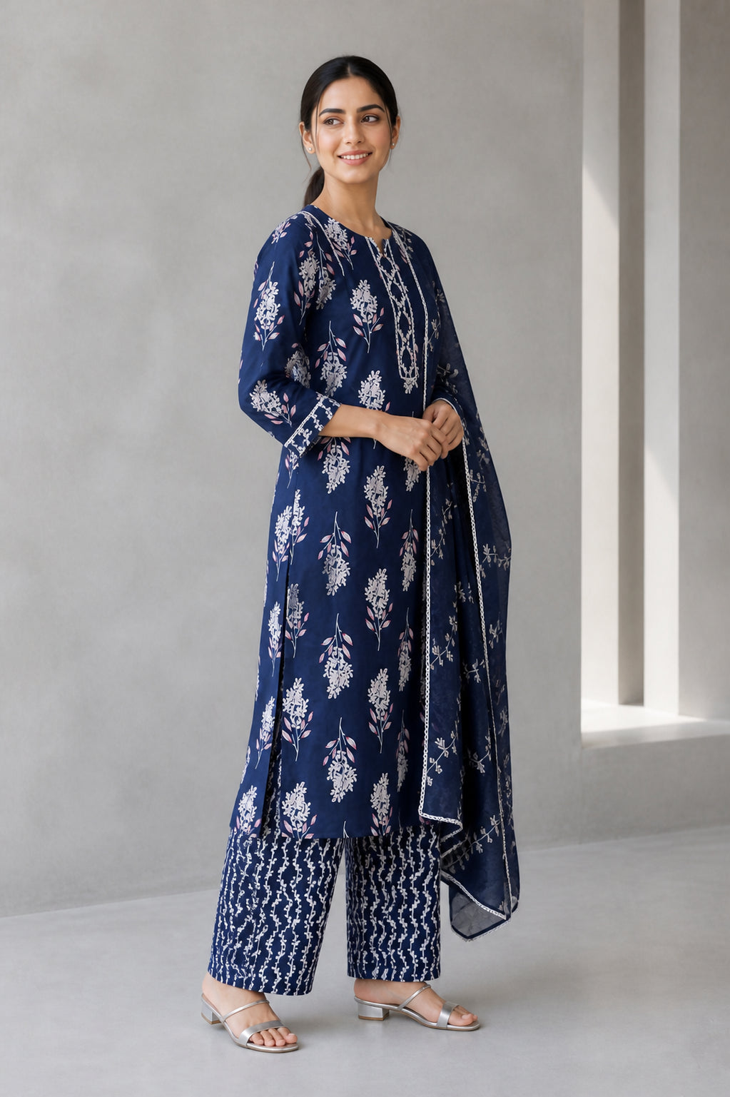 Peachmode Navy Blue Pure Cotton Floral Printed Salwar Suit - Image 3