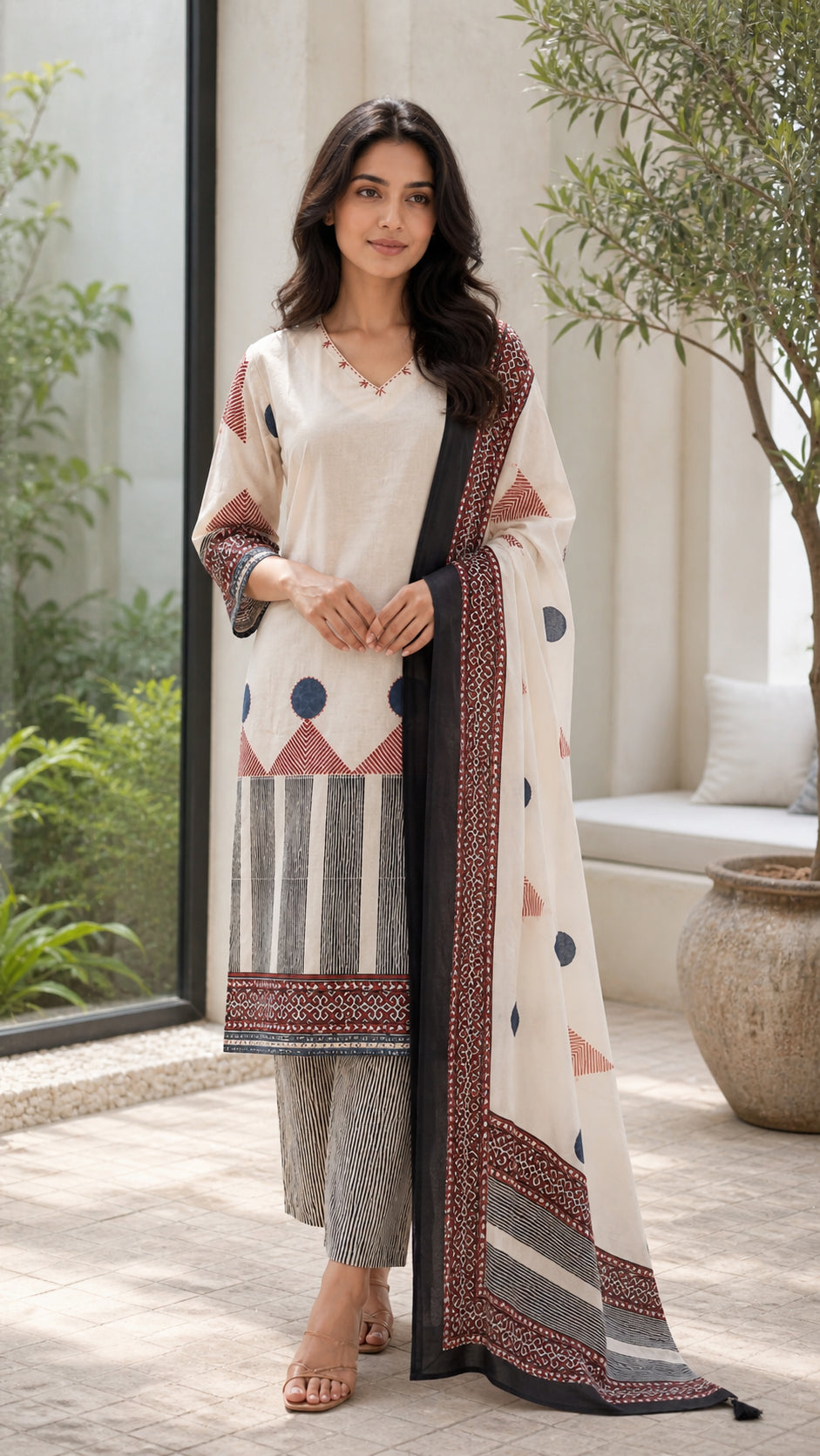 Peachmode Cream Pure Cotton Geometric Printed Salwar Suit - Image 1