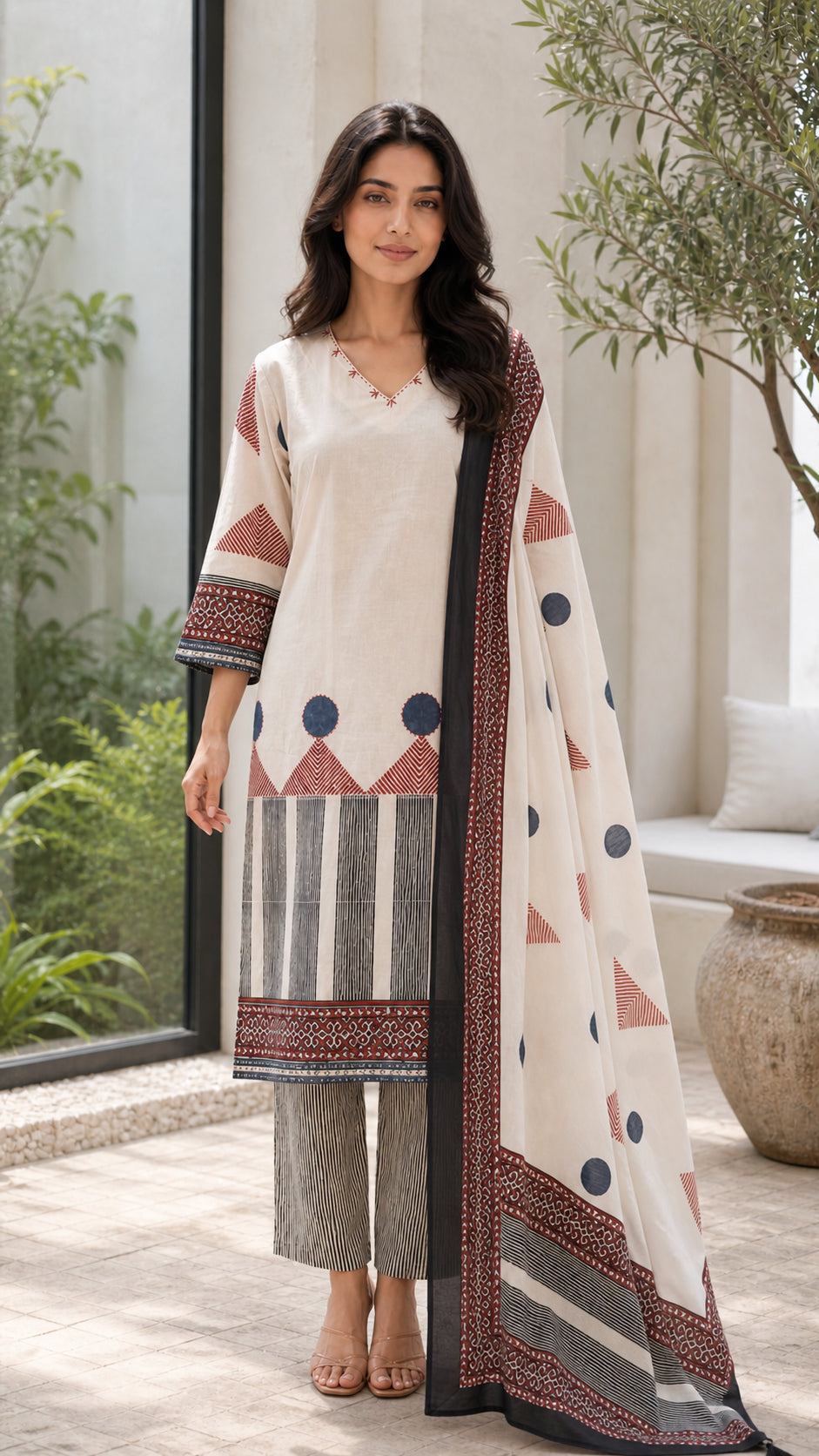 Peachmode Cream Pure Cotton Geometric Printed Salwar Suit - Image 2