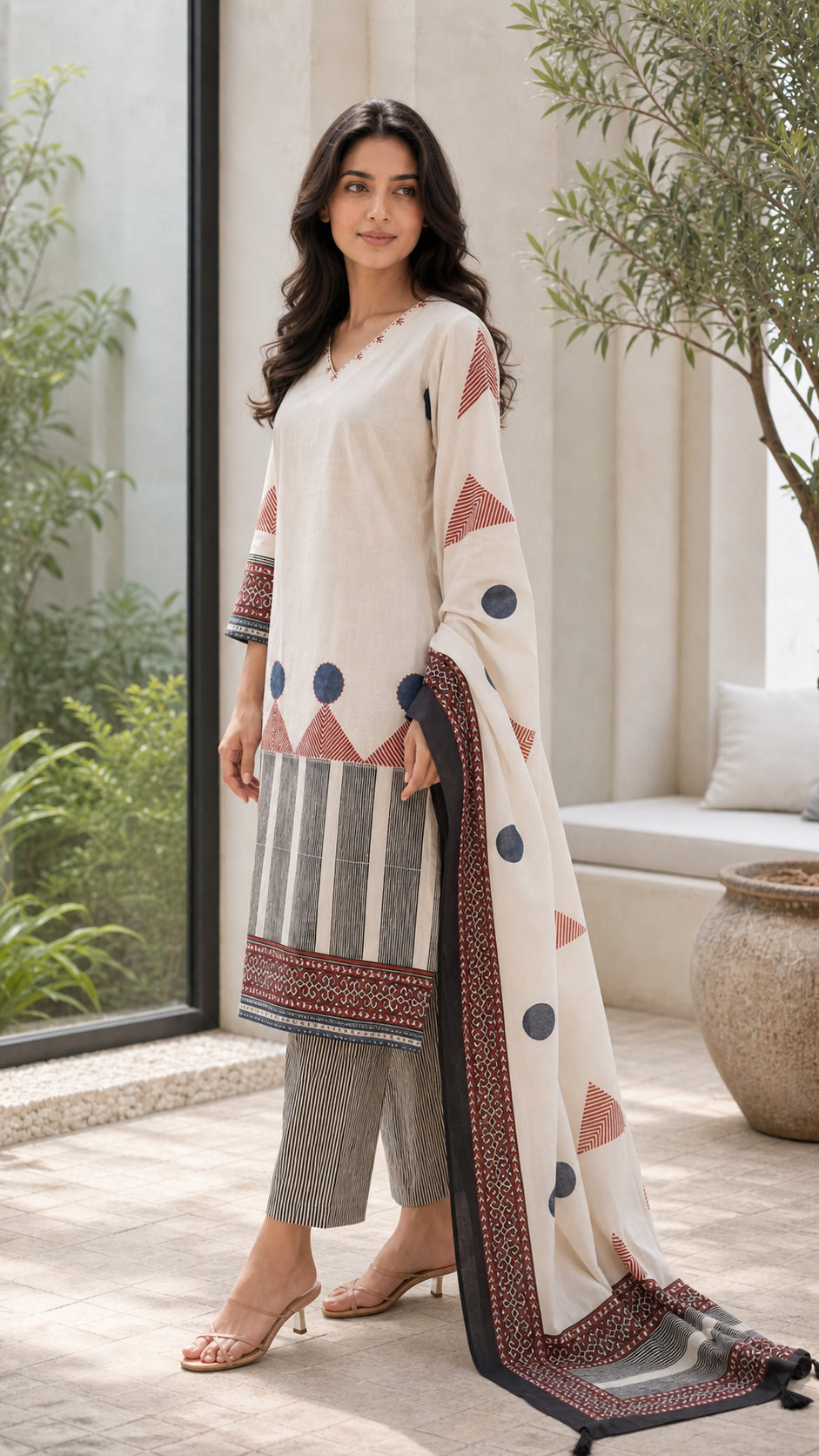 Peachmode Cream Pure Cotton Geometric Printed Salwar Suit - Image 3