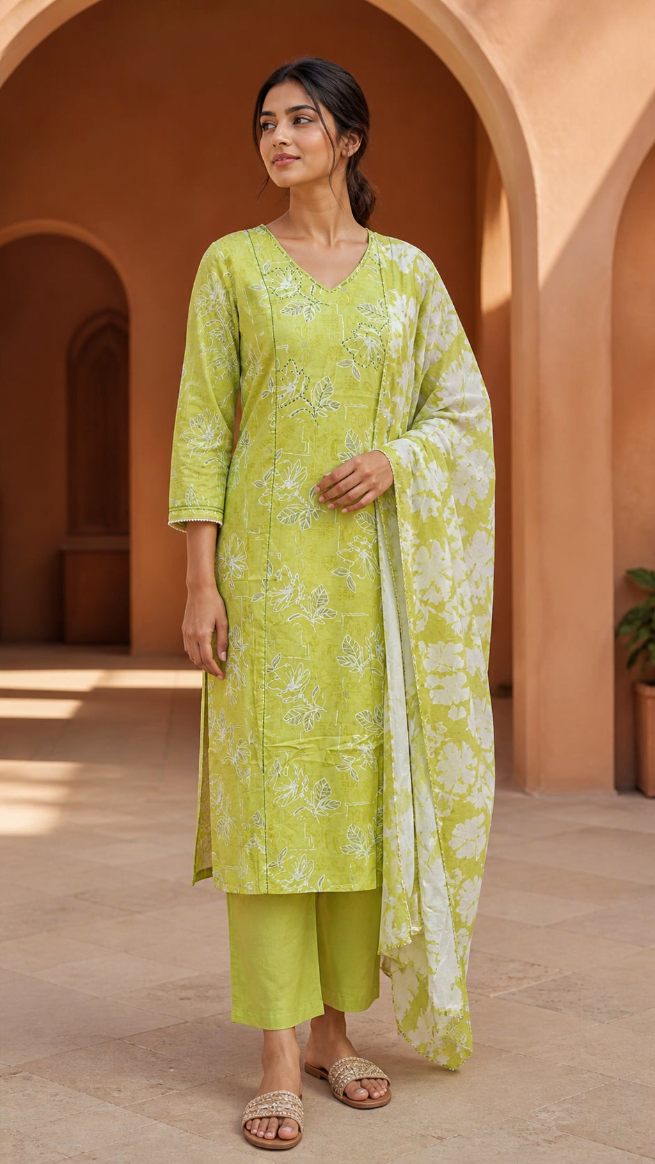 Peachmode Lime Green Pure Cotton Floral Printed Salwar Suit - Image 1