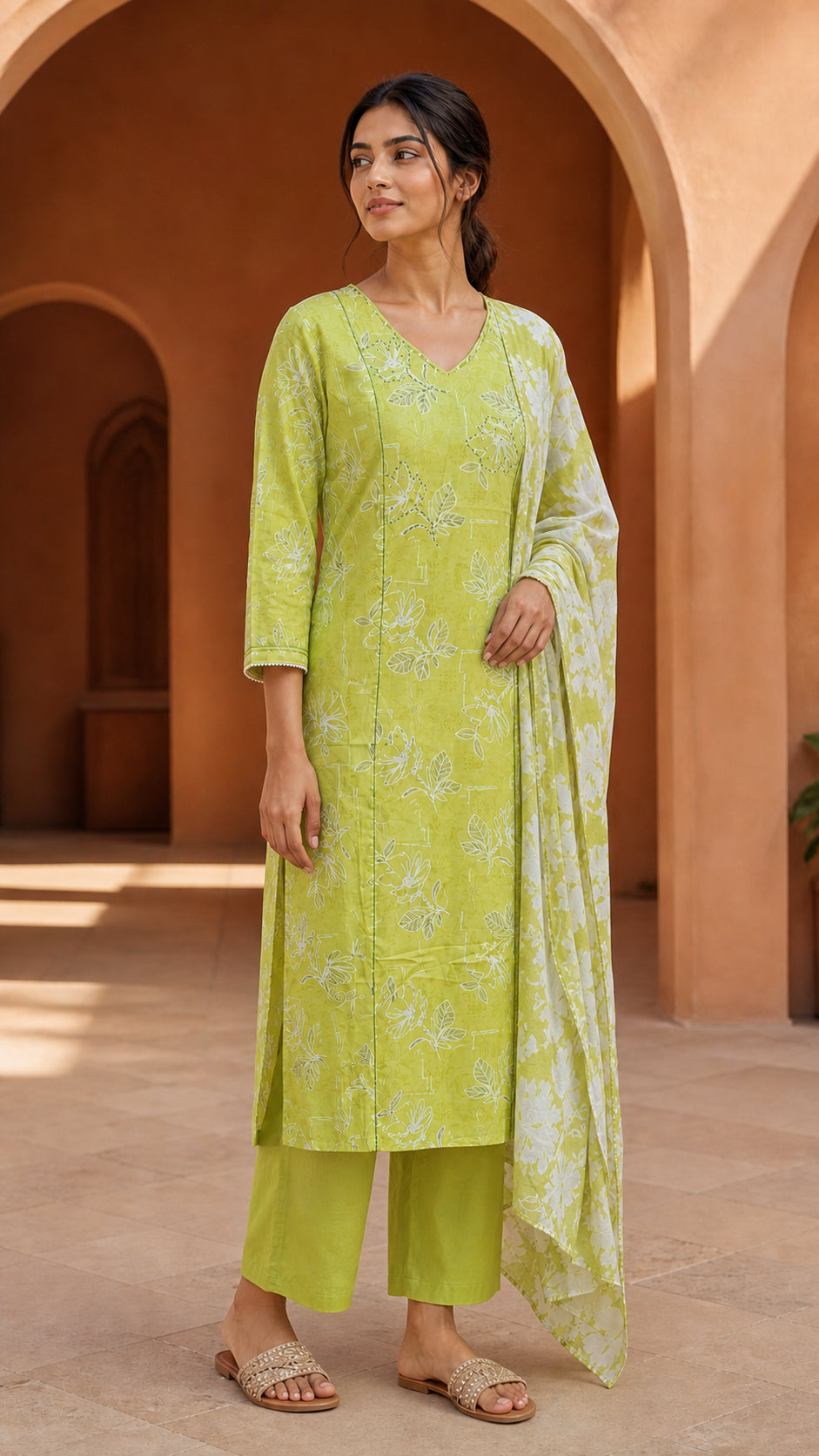 Peachmode Lime Green Pure Cotton Floral Printed Salwar Suit - Image 3