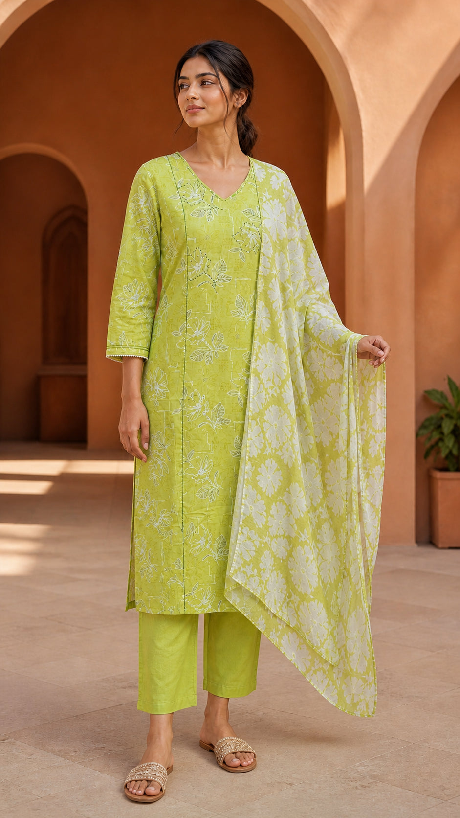 Peachmode Lime Green Pure Cotton Floral Printed Salwar Suit - Image 5
