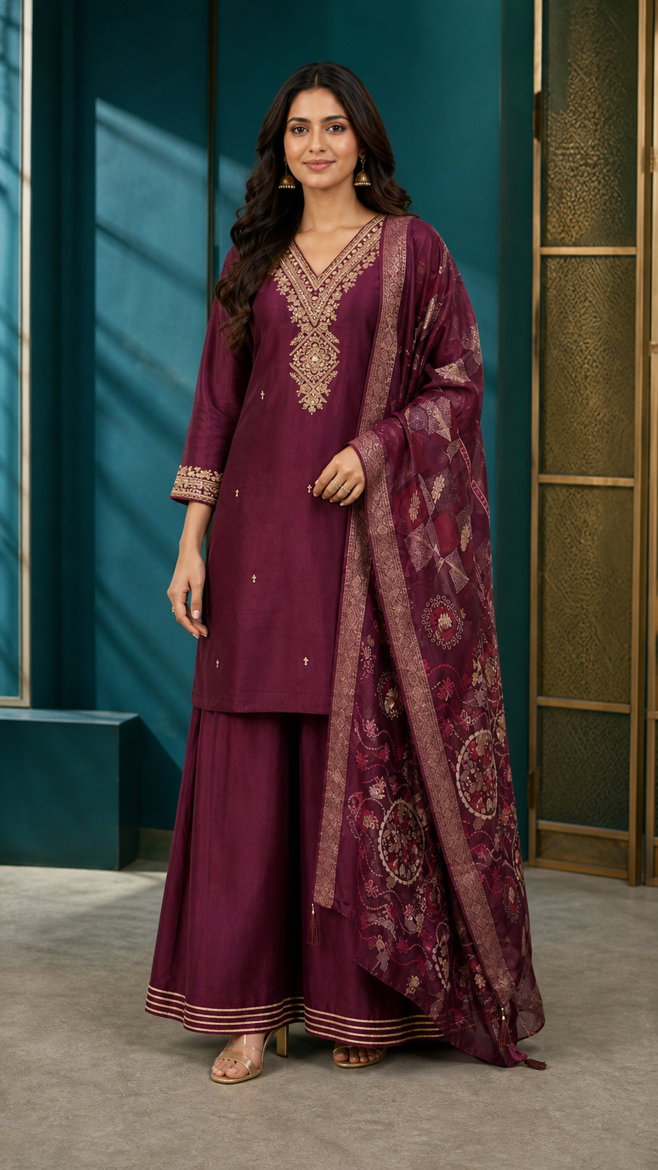 Peachmode Wine Roman Glass Gold Embroidered Sharara Salwar Suit - Image 1