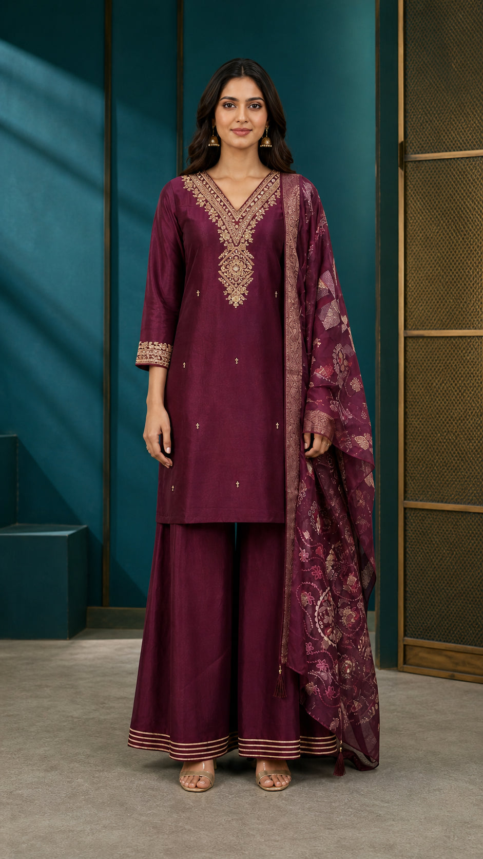 Peachmode Wine Roman Glass Gold Embroidered Sharara Salwar Suit - Image 2