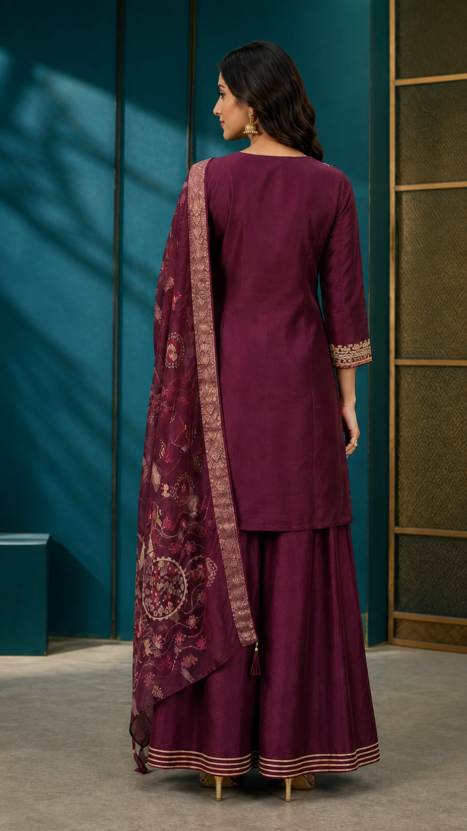 Peachmode Wine Roman Glass Gold Embroidered Sharara Salwar Suit - Image 4