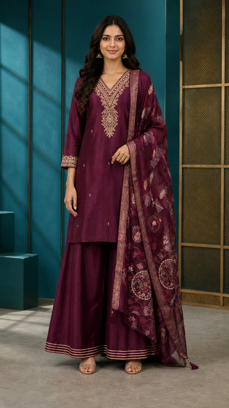 Peachmode Wine Roman Glass Gold Embroidered Sharara Salwar Suit - Image 5