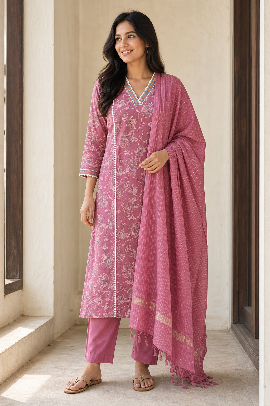 Peachmode Dusty Pink Viscose Blend Floral Printed Salwar Suit - Image 1