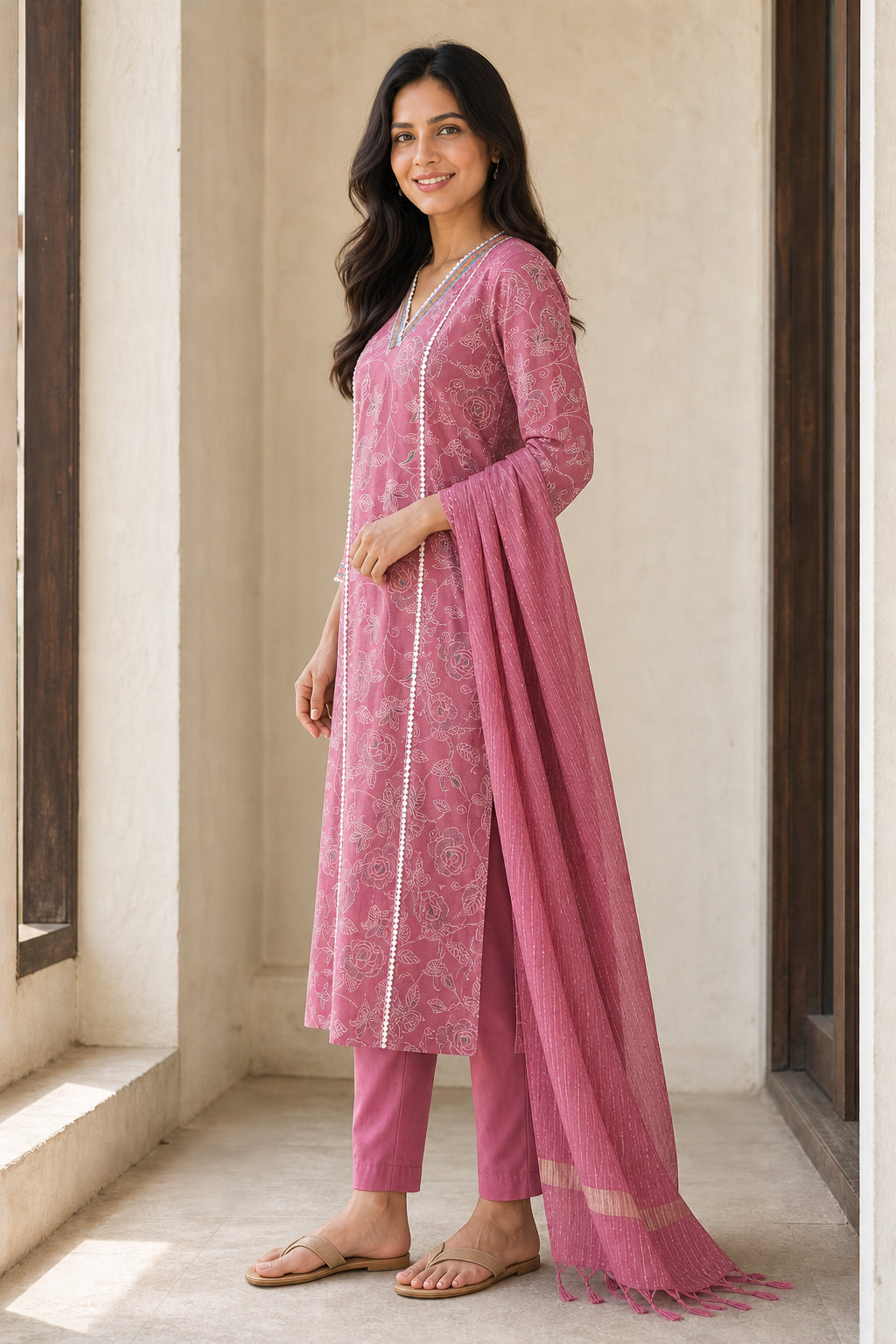 Peachmode Dusty Pink Viscose Blend Floral Printed Salwar Suit - Image 3