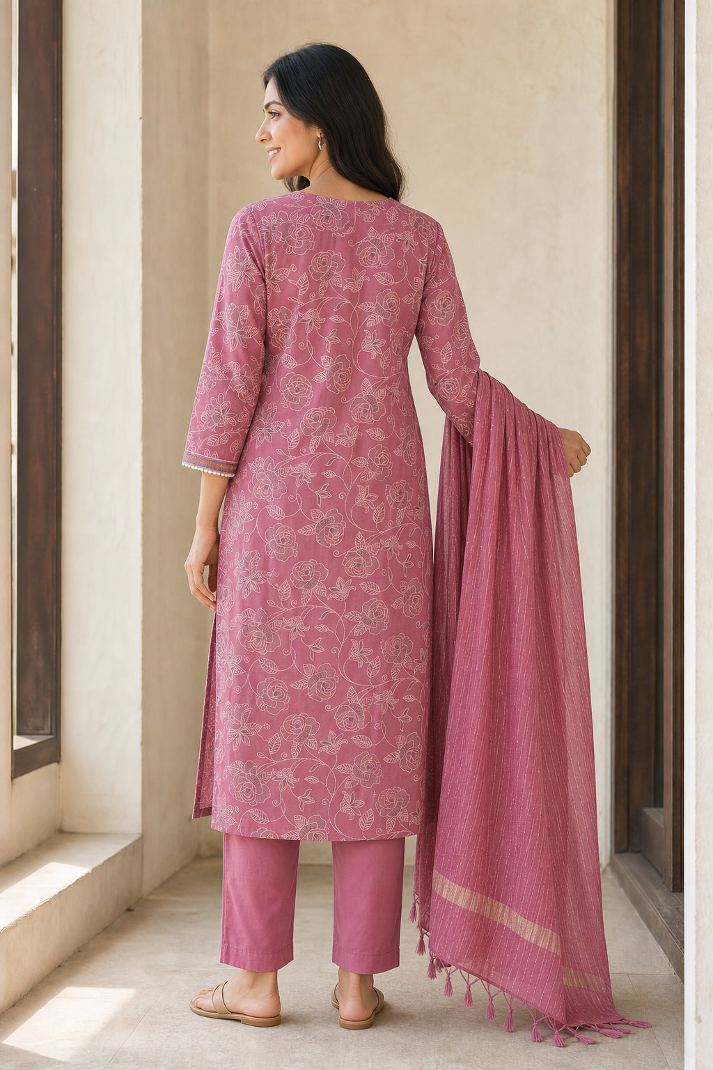 Peachmode Dusty Pink Viscose Blend Floral Printed Salwar Suit - Image 4