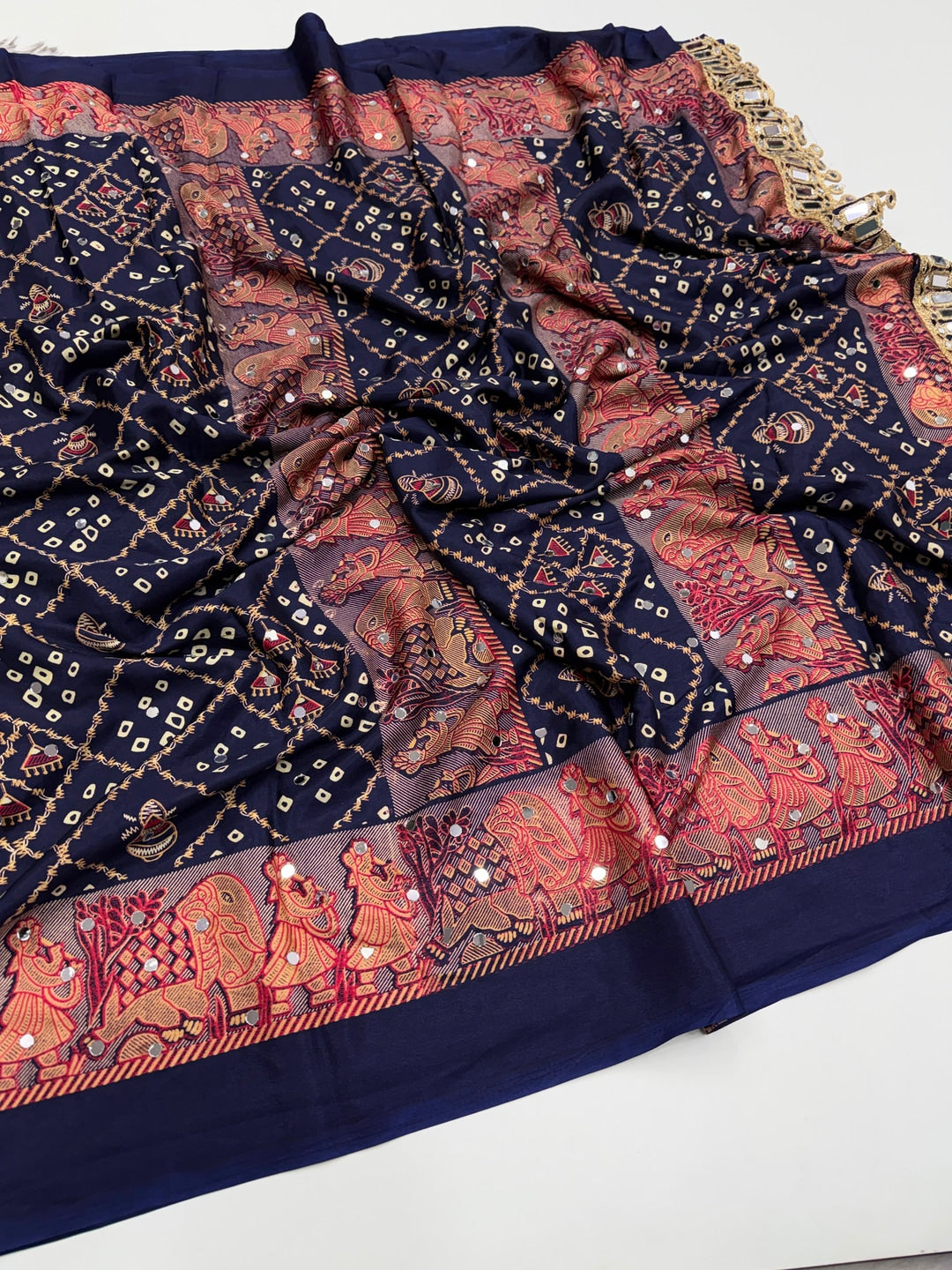 Peachmode Navy Blue Ajrakh Mirror Work Satin Viscose Silk Saree - Image 4