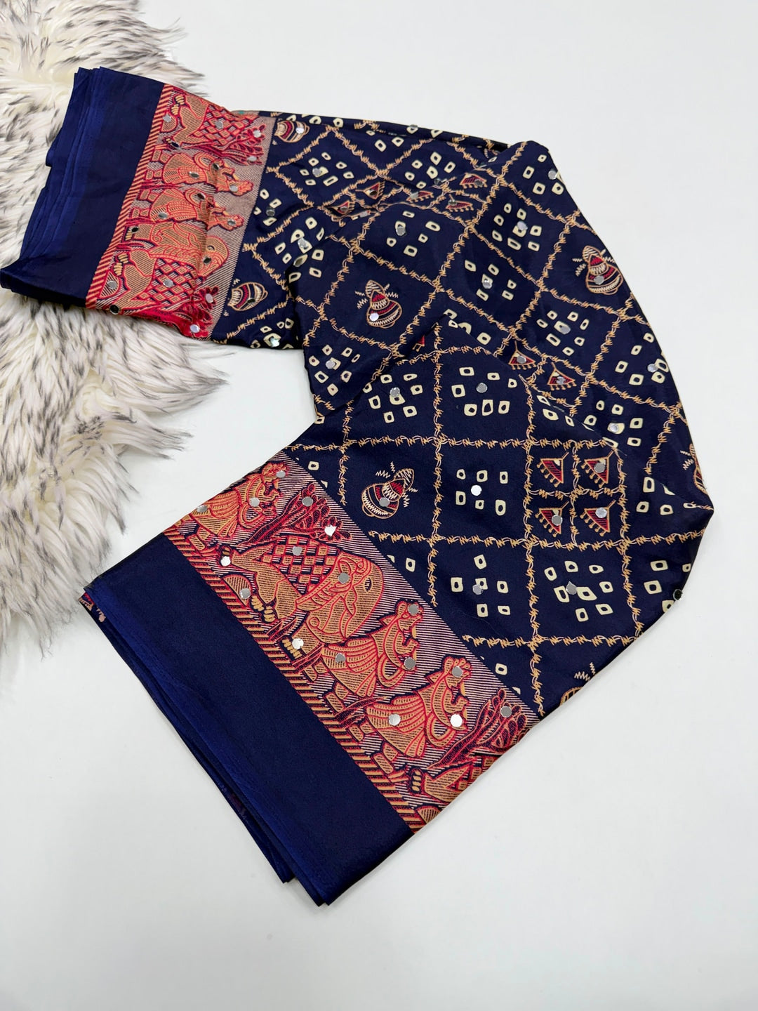 Peachmode Navy Blue Ajrakh Mirror Work Satin Viscose Silk Saree - Image 5