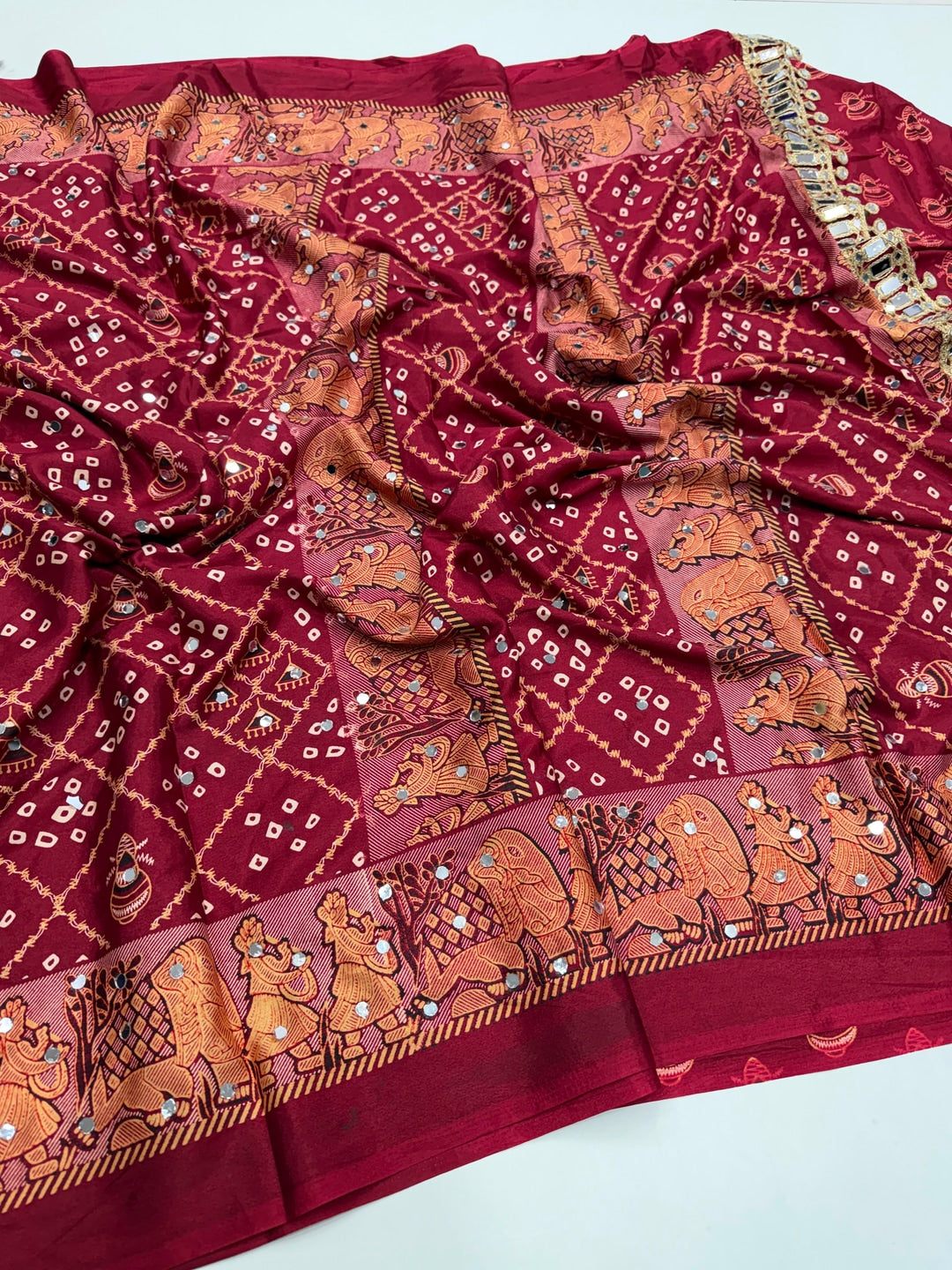 Peachmode Maroon Ajrakh Mirror Work Satin Viscose Silk Saree - Image 3