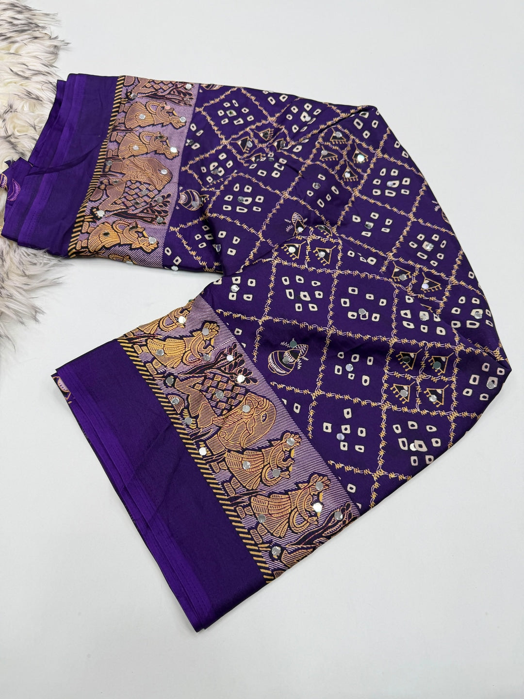 Peachmode Purple Ajrakh Mirror Work Satin Viscose Silk Saree - Image 4