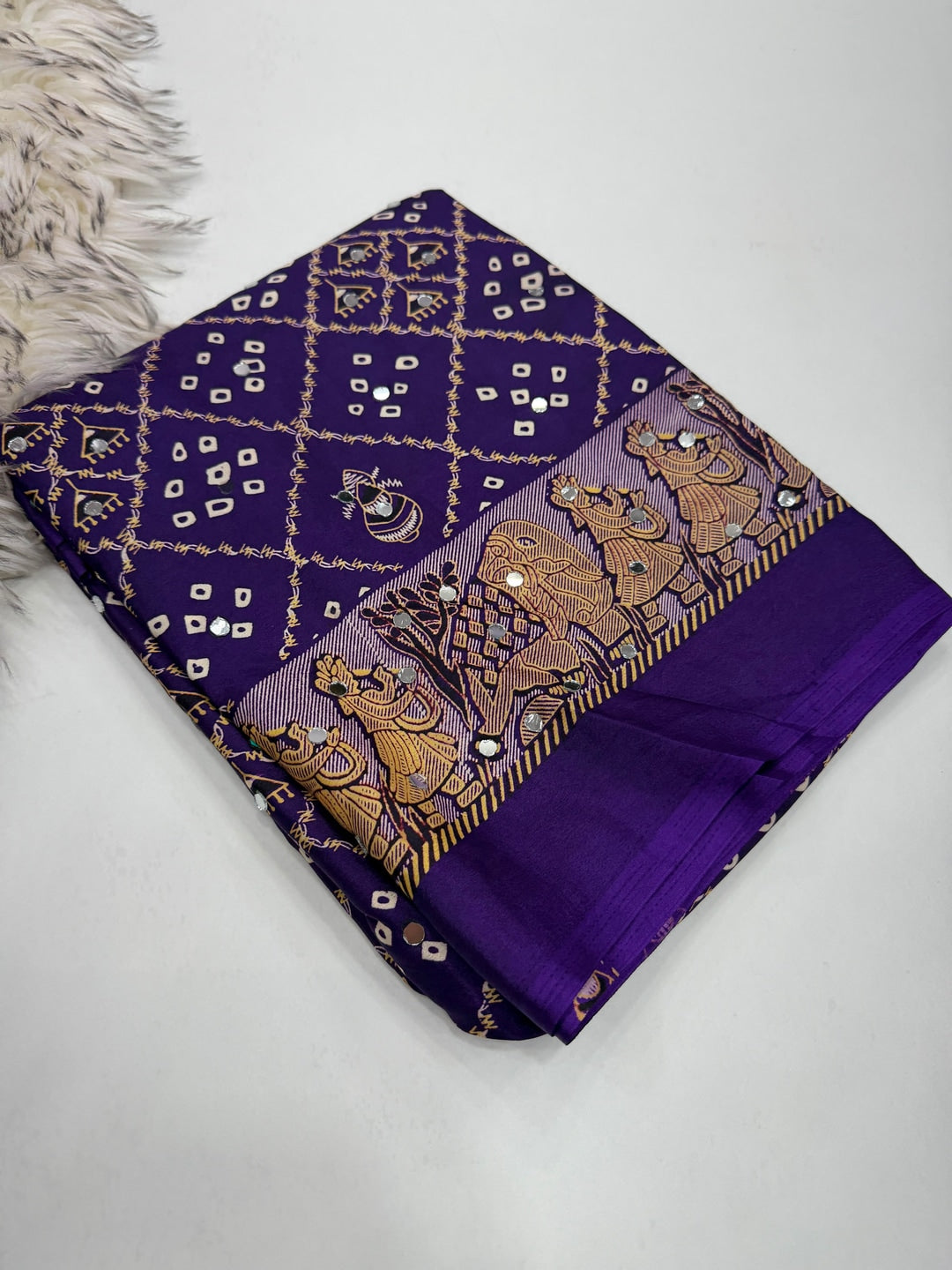Peachmode Purple Ajrakh Mirror Work Satin Viscose Silk Saree - Image 5