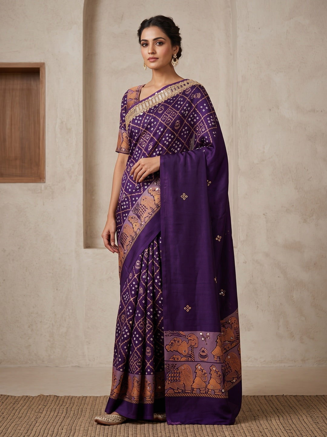 Peachmode Purple Ajrakh Mirror Work Satin Viscose Silk Saree - Image 1